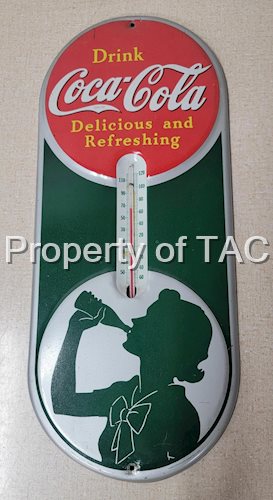Coca-Cola Metal Thermometer w/Lady Drinking a Coke