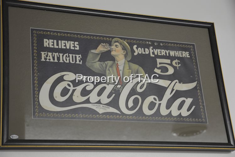 Coca-Cola "Relieves Fatigue" Sold Everywhere man drinking a glass of coke graphics (dark blue background)