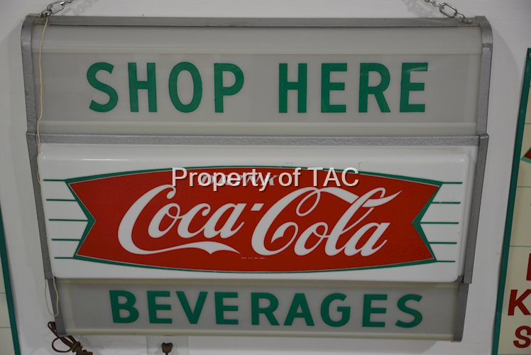 Drink Coca-Cola "Shop Here Beverages" fishtail logo, lighted sign,