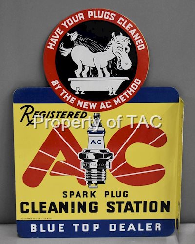 AC Spark Plug Cleaning Station Blue Top Dealer w/Sparky Logo Metal Flange Sign