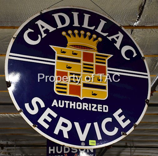 CADILLAC AUTHORIZED SERVICE W/CREST LOGO DOUBLE-SIDED PORCELAIN SIGN