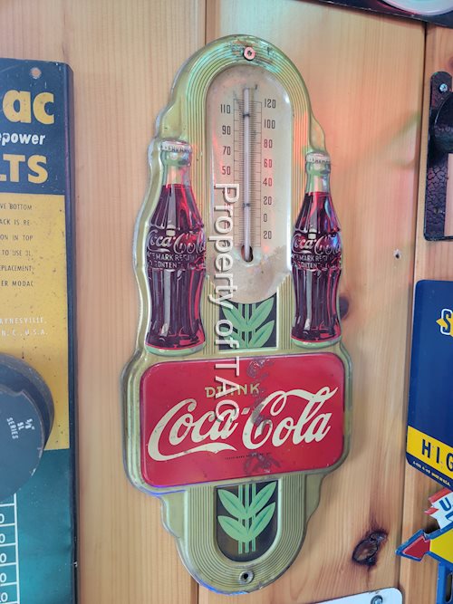 Drink Coca-Cola w/Two Bottle Logo Metal Thermometer