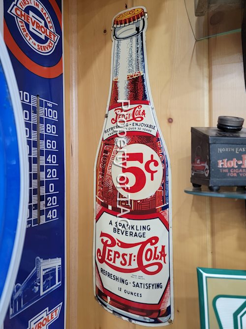 Pepsi:Cola 5¢ Metal Bottle Shaped Sign