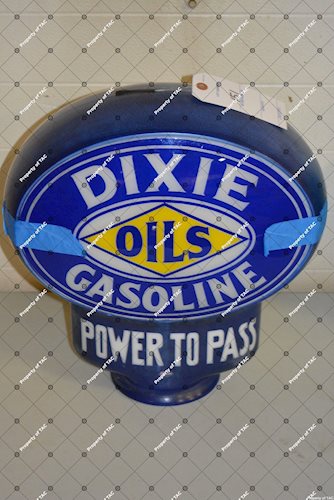 Dixie Oils Gasoline Power to Pass" blue milk glass key hole globe"