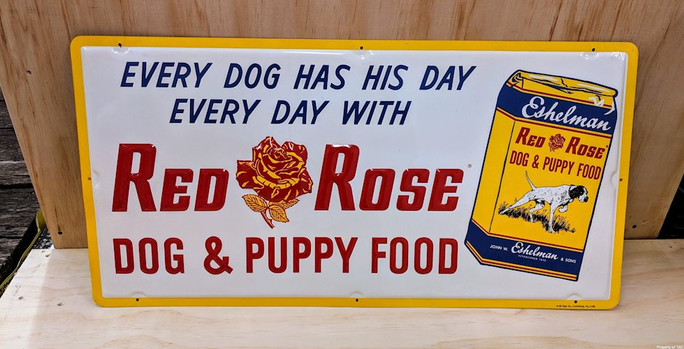 Red Rose Dog & Puppy Food SST Single Sided Tin Embossed Sign.