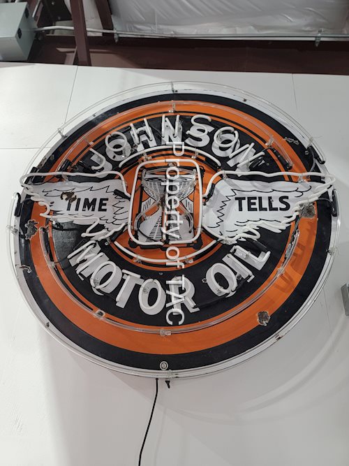 Johnson Time Tells Motor Oil w/winged logo Porcelain Sign with neon added