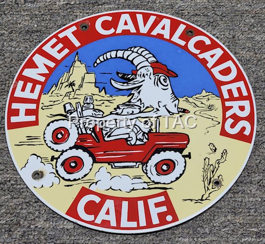 Hemet Cavalcaders Calif. w/Goat Driving Jeep Logo Porcelain Sign