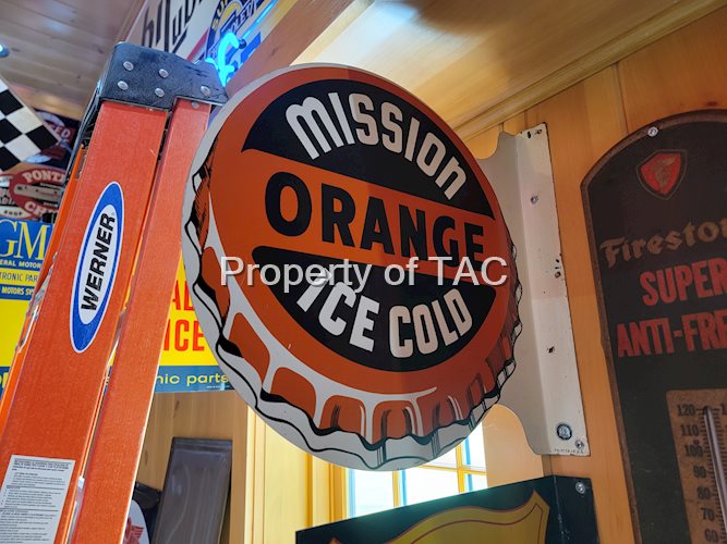 Mission Orange Ice Cold w/Bottle Cap Logo Metal Flange Sign