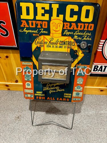 1937 Delco Auto Radio w/Robot Graphics Metal Point of Sales Display Sign