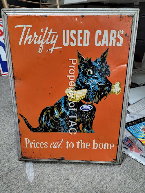 Ford Thrifty Use Cars w/Scotty Dog Image Metal Sign
