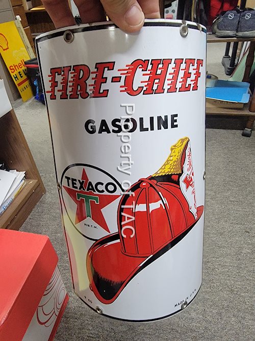 Texcoco Fire Chief Gasoline w/Logo (small) Porcelain Pump Sign