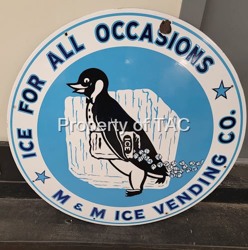 M&M Ice Vending Co. "Ice for all occasions" w/Logo Porcelain Sign