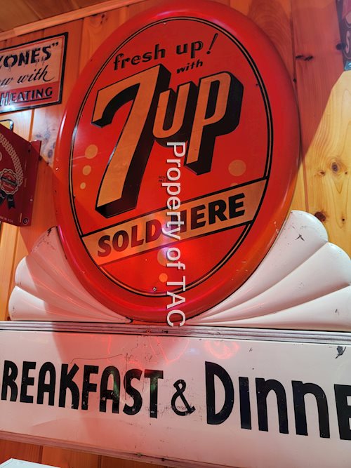 Large 7up Sold Here & Breakfast Dinner Metal Sign